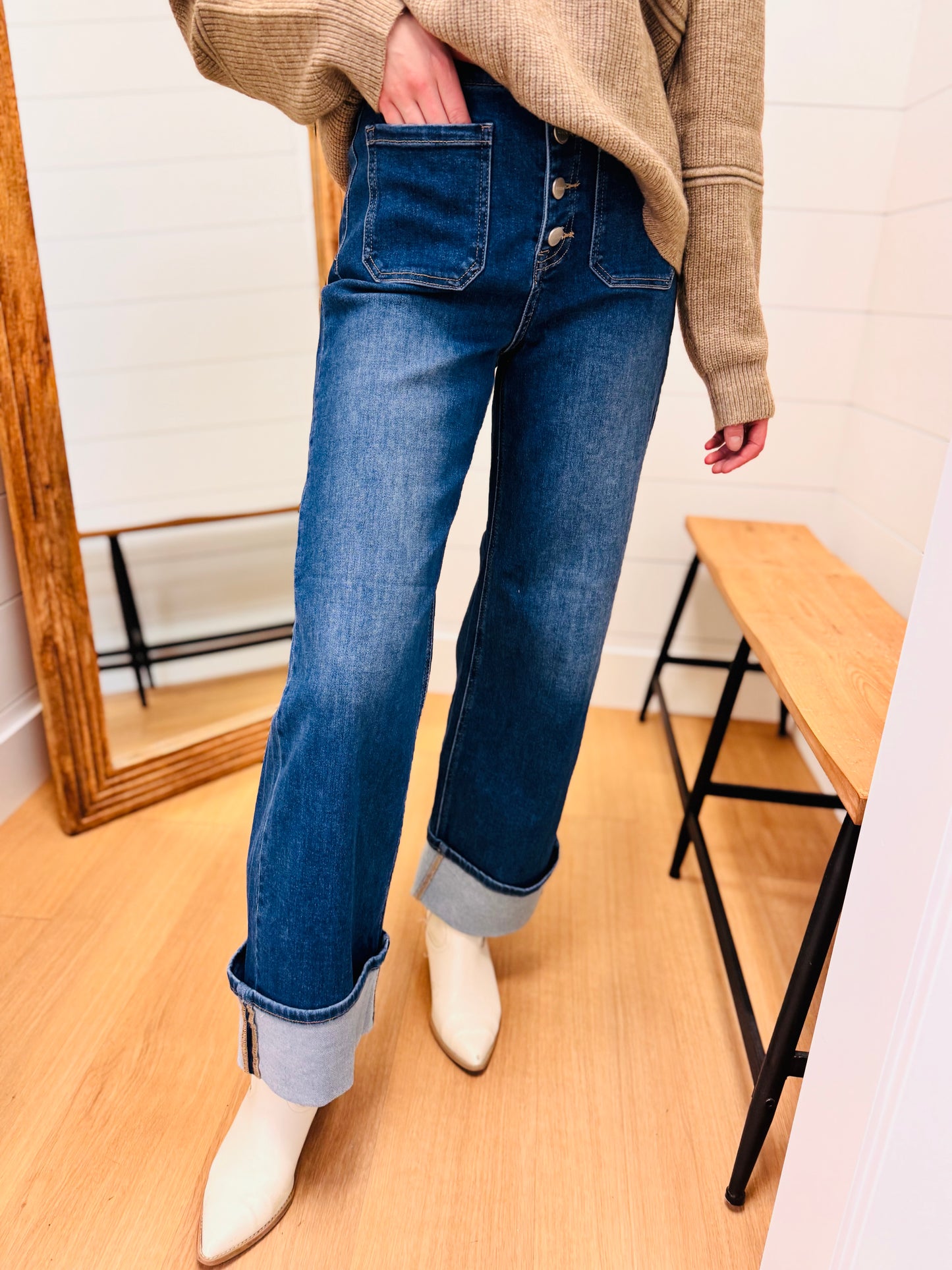 High Rise Ankle Wide Button Down Cuffed Jeans