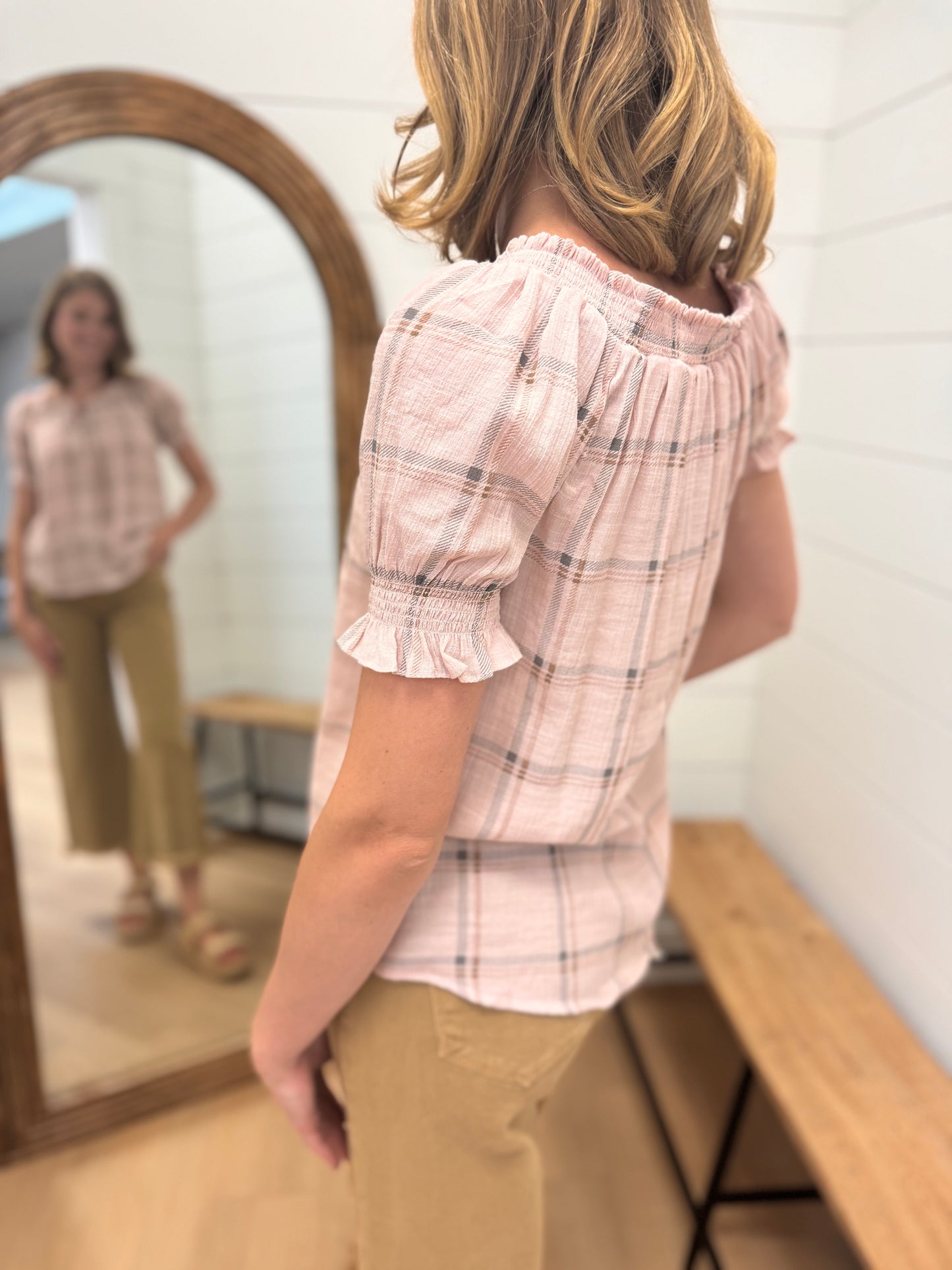 Plaid Split Tie Neck Top