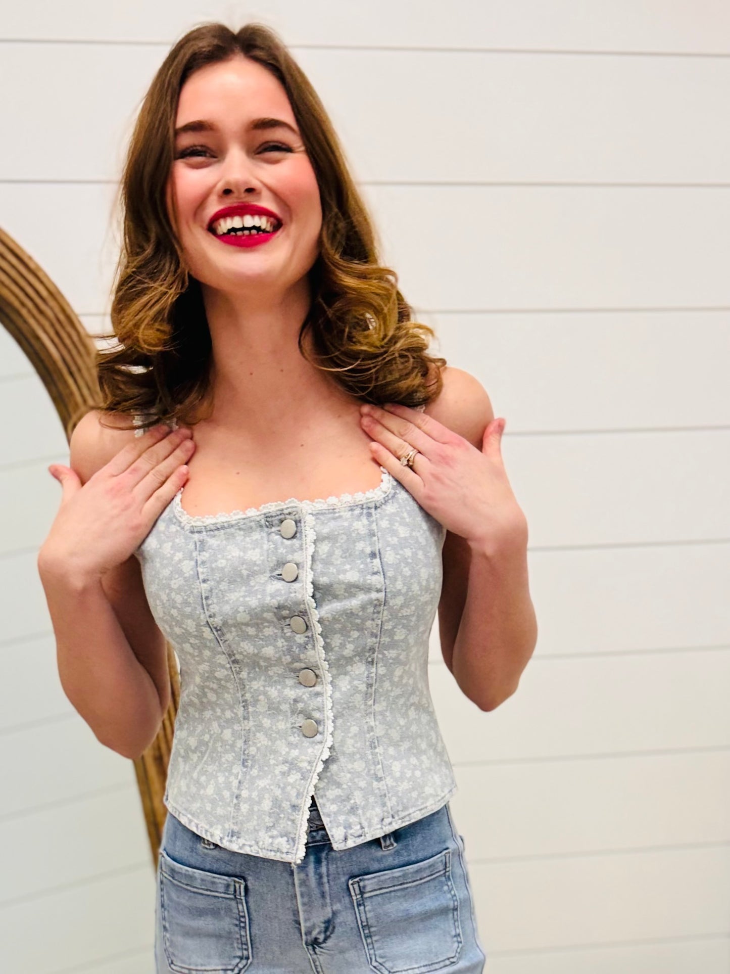 Jacquard Denim Floral Pattern Lace Trim Vest Top