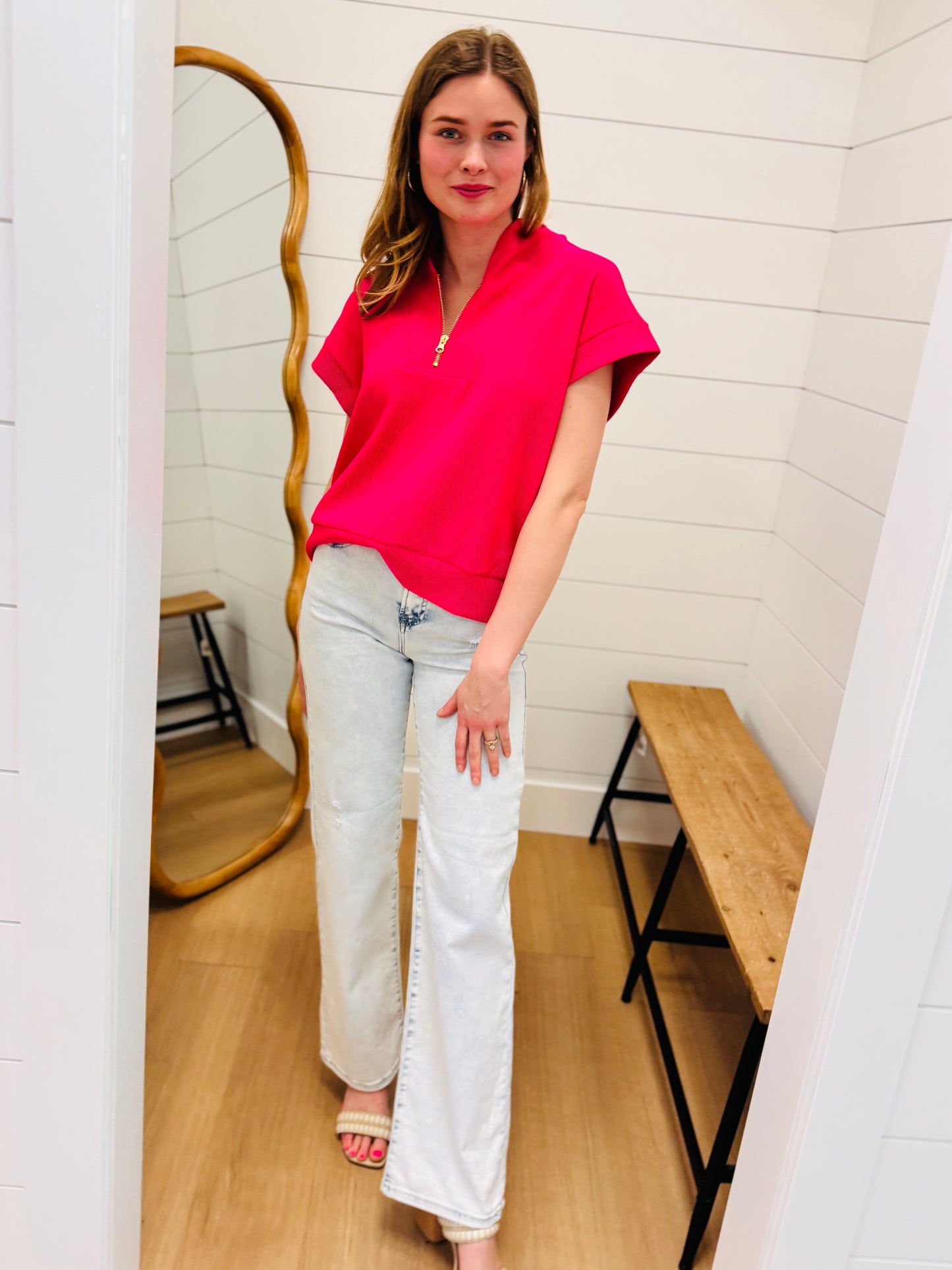 Half Zip Short Sleeve Top - Hot Pink