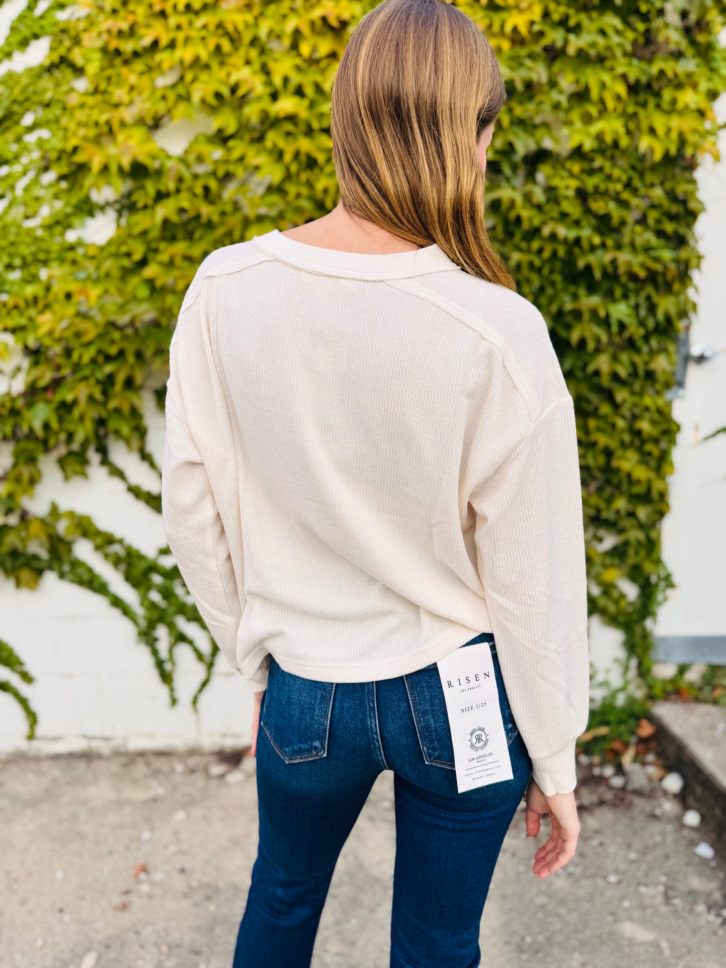 Ribbed Henley Long Sleeve Knit Top