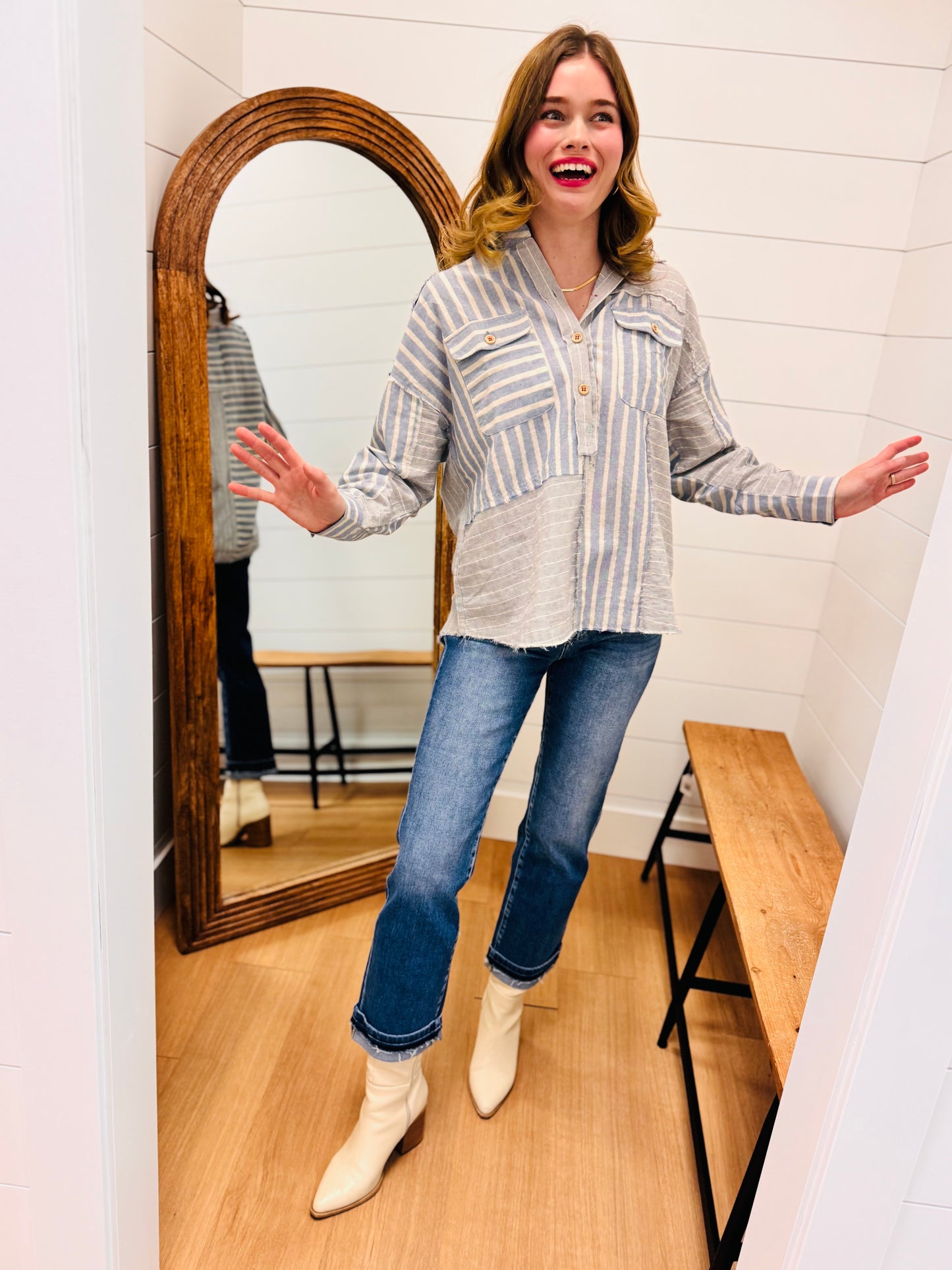 Color Block Half Button Down Shirt