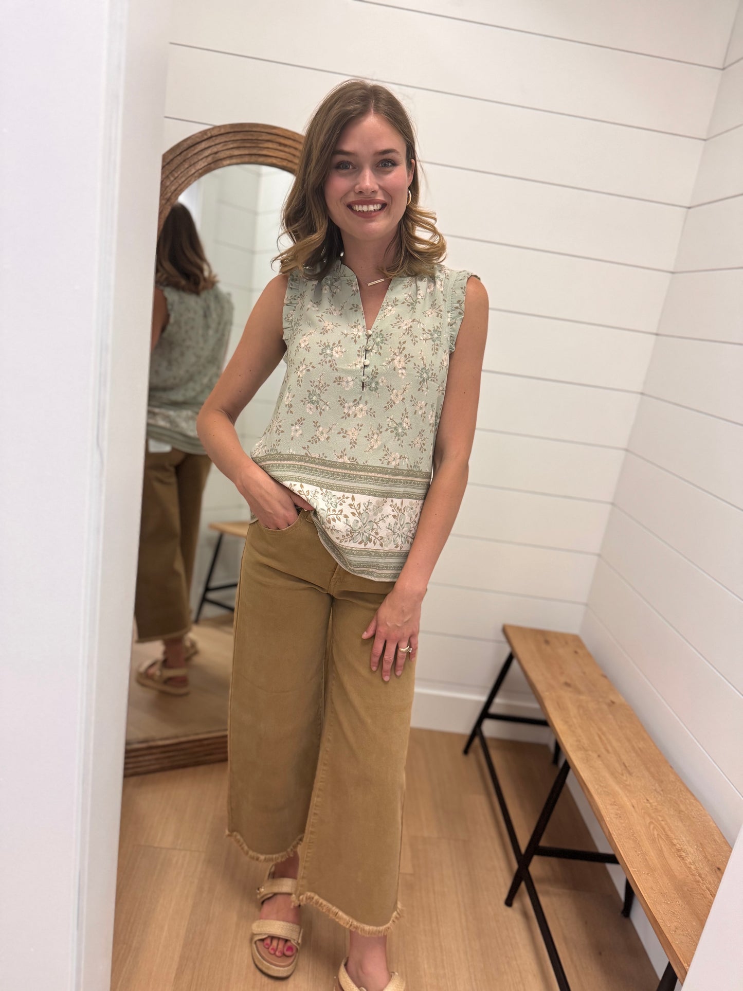 Split Neck Floral Top with Lettuce Trim