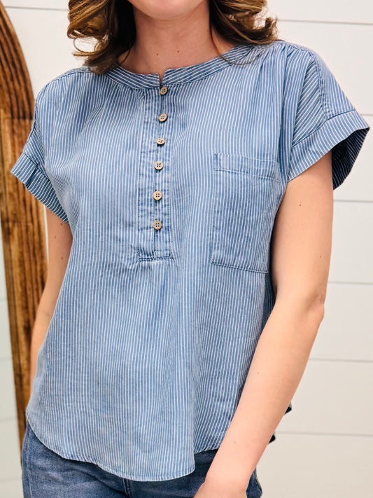 Stripe Chambray Henley Ruched Detail Top