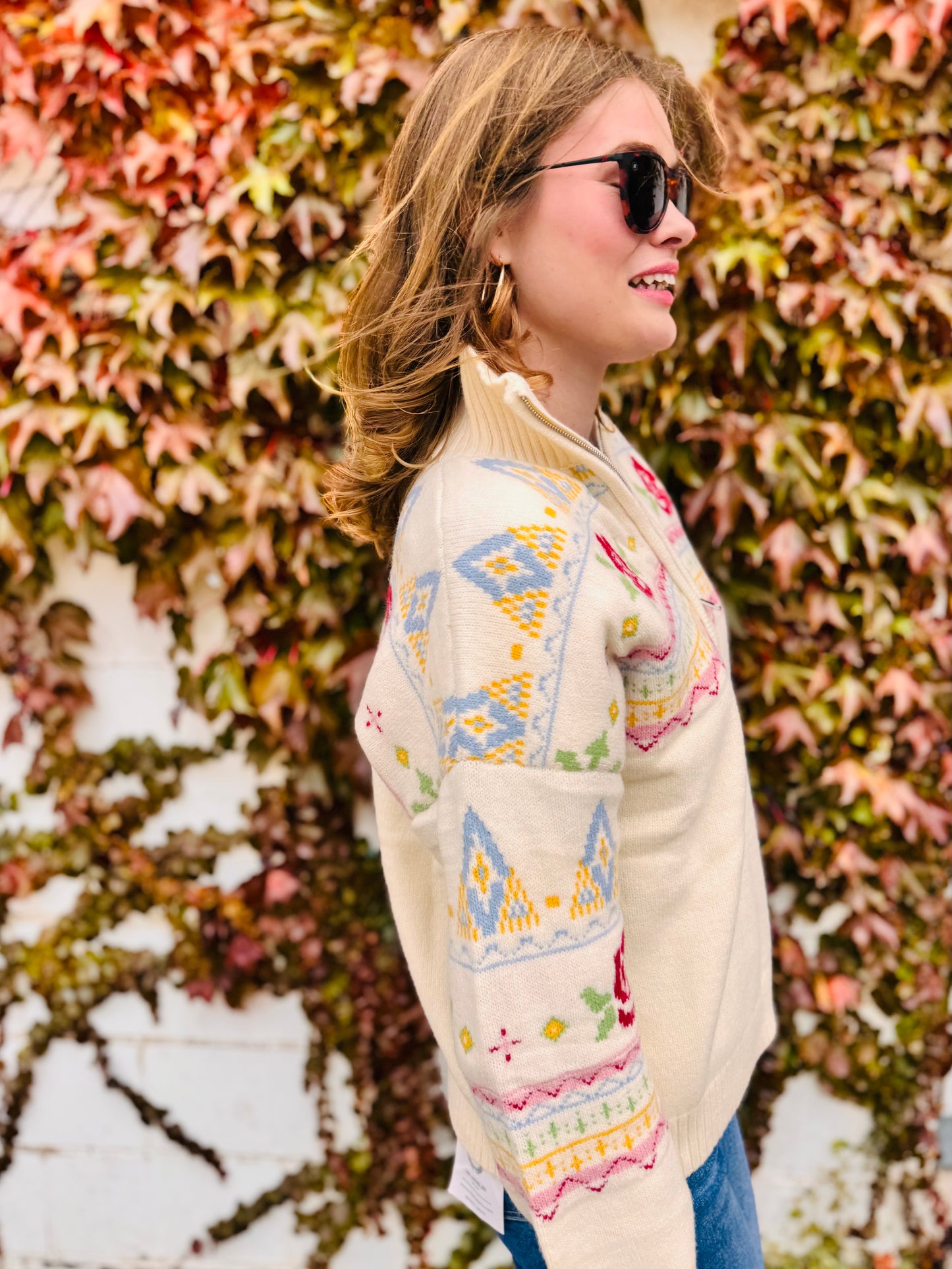 Rose Fair Isle Half Zip Knit Pullover Sweater