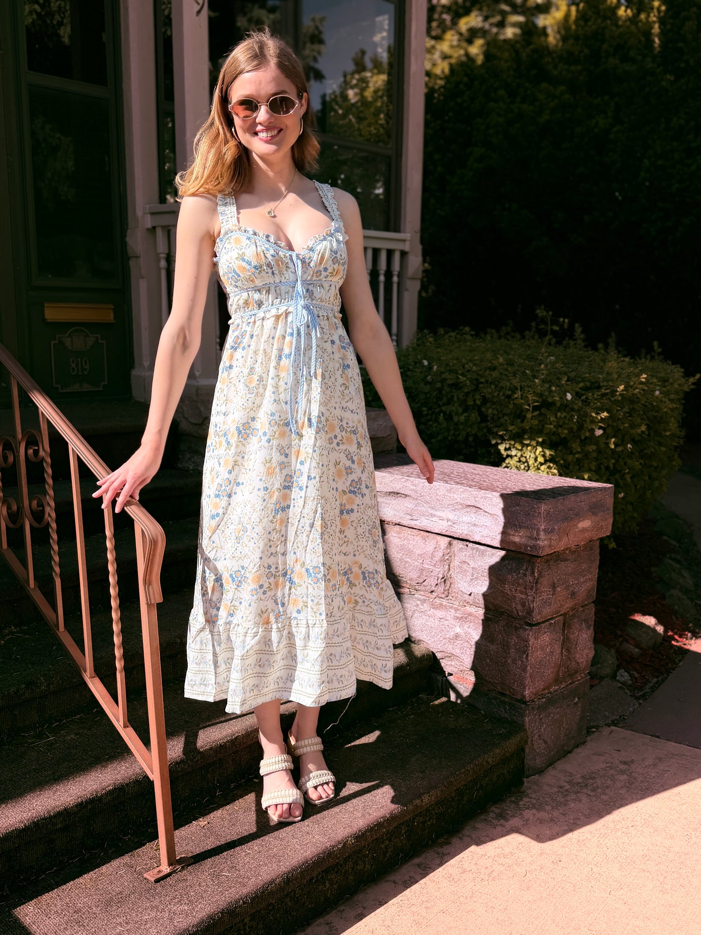 Border Floral Sleeveless Front Tie Midi Dress