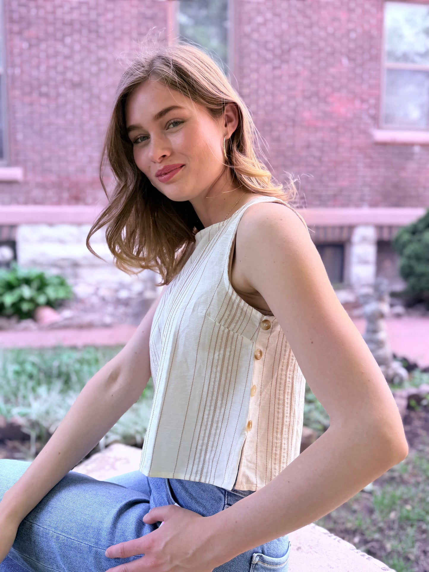 Stripe Sleeveless Side Button Detail Top