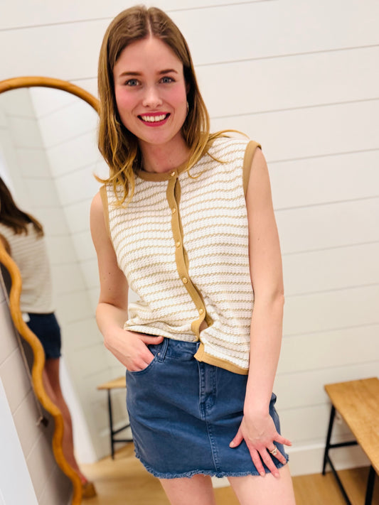 Stripe Knit Button Down Top - Tan