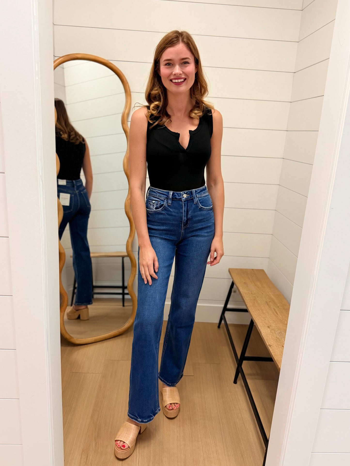 High Rise Dark Wash Slim Wide Jeans - Lovervet