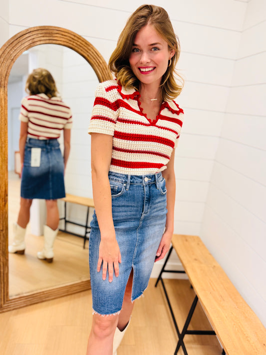 Stripe Crochet Knit Pullover