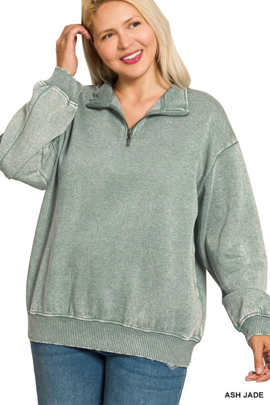 Acid Wash Fleece Quarter Zip Pullover - Plus