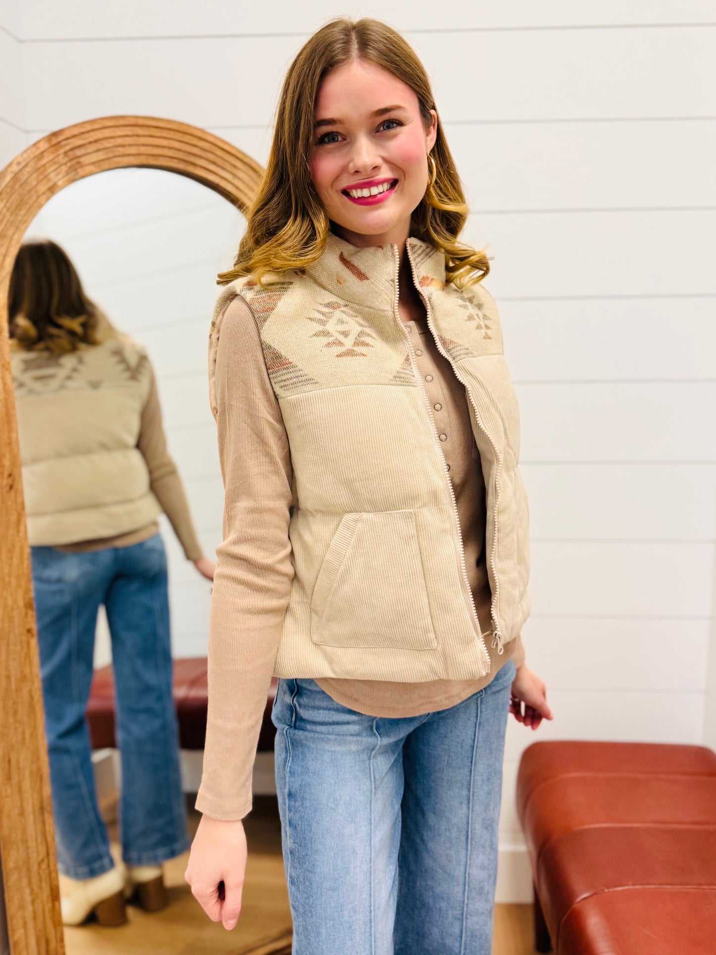 Aztec Graphic Corduroy Casual Puffer Vest