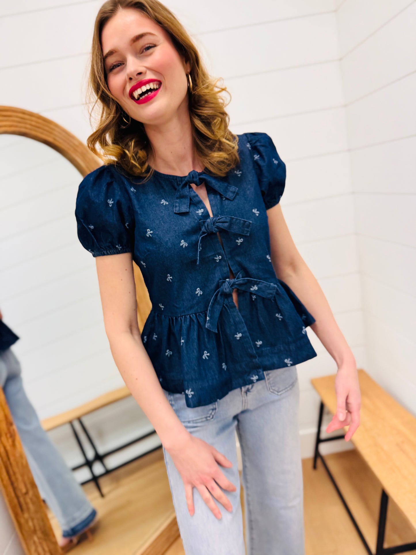 Denim Bow Print Puff + Ties Ruffle Hem Top