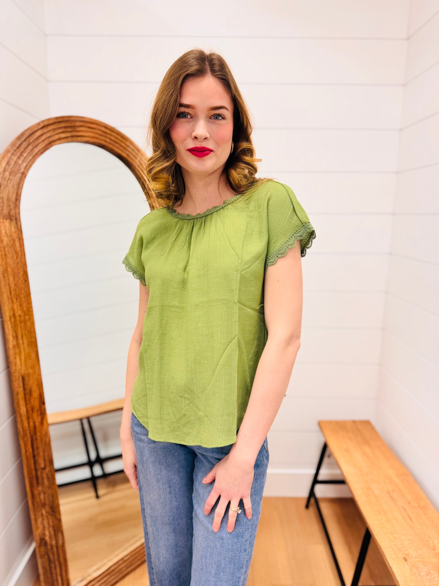 Lace Trim Back Bow Detail Short Sleeve Blouse