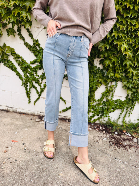 High Rise Ankle Straight Wide Cuffed Jeans - Risen