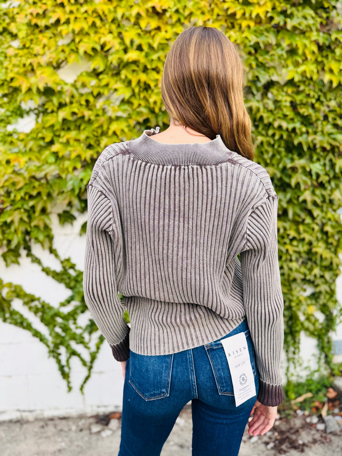 Two Tone Zip Up Sweater - Brown