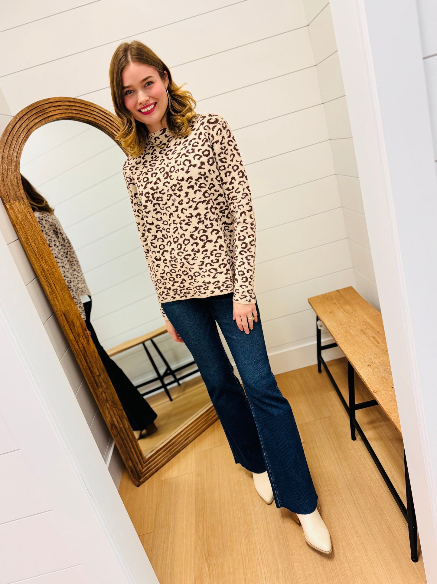 Leopard Print Mock Neck Knit Sweater