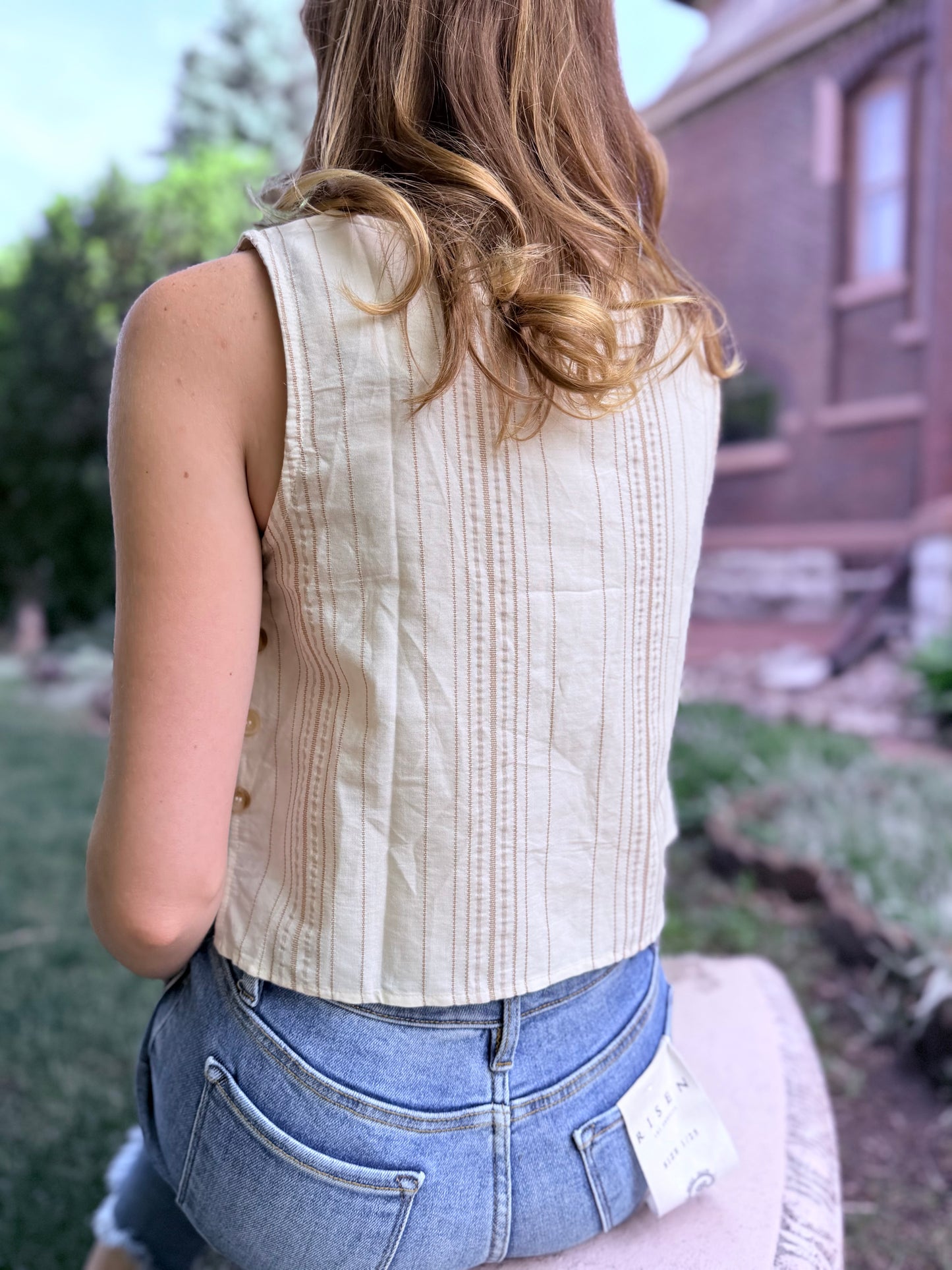 Stripe Sleeveless Side Button Detail Top