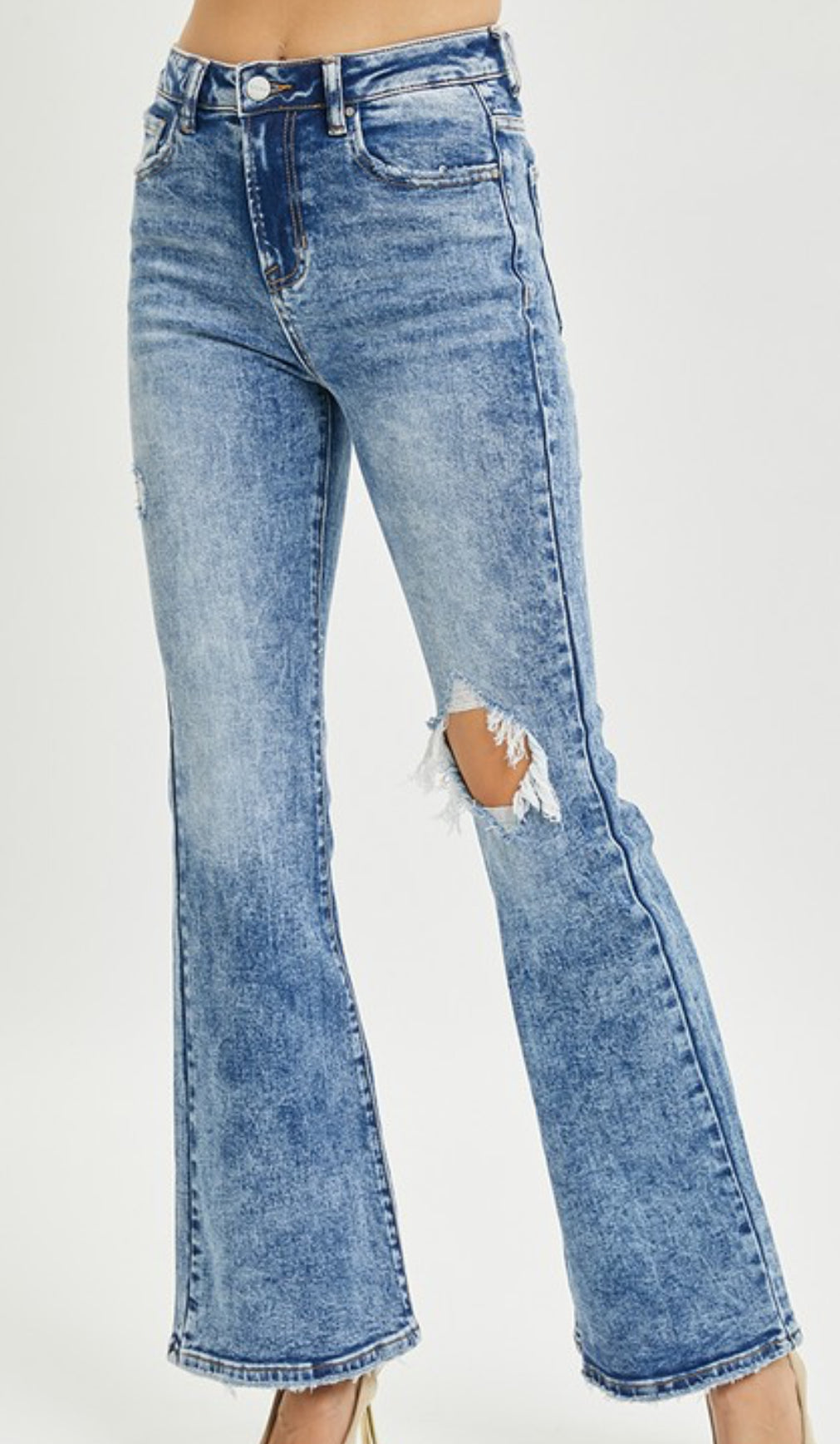High Rise Knee Distressed Flare Jeans - Risen