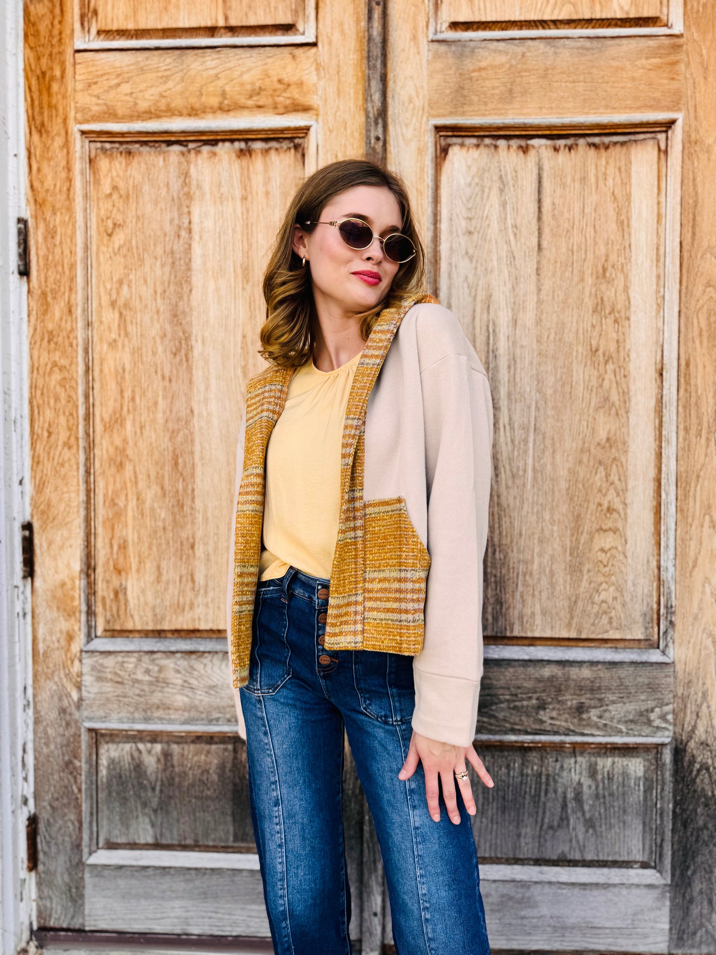 Open Front Pockets Plaid Hooded Cardigan