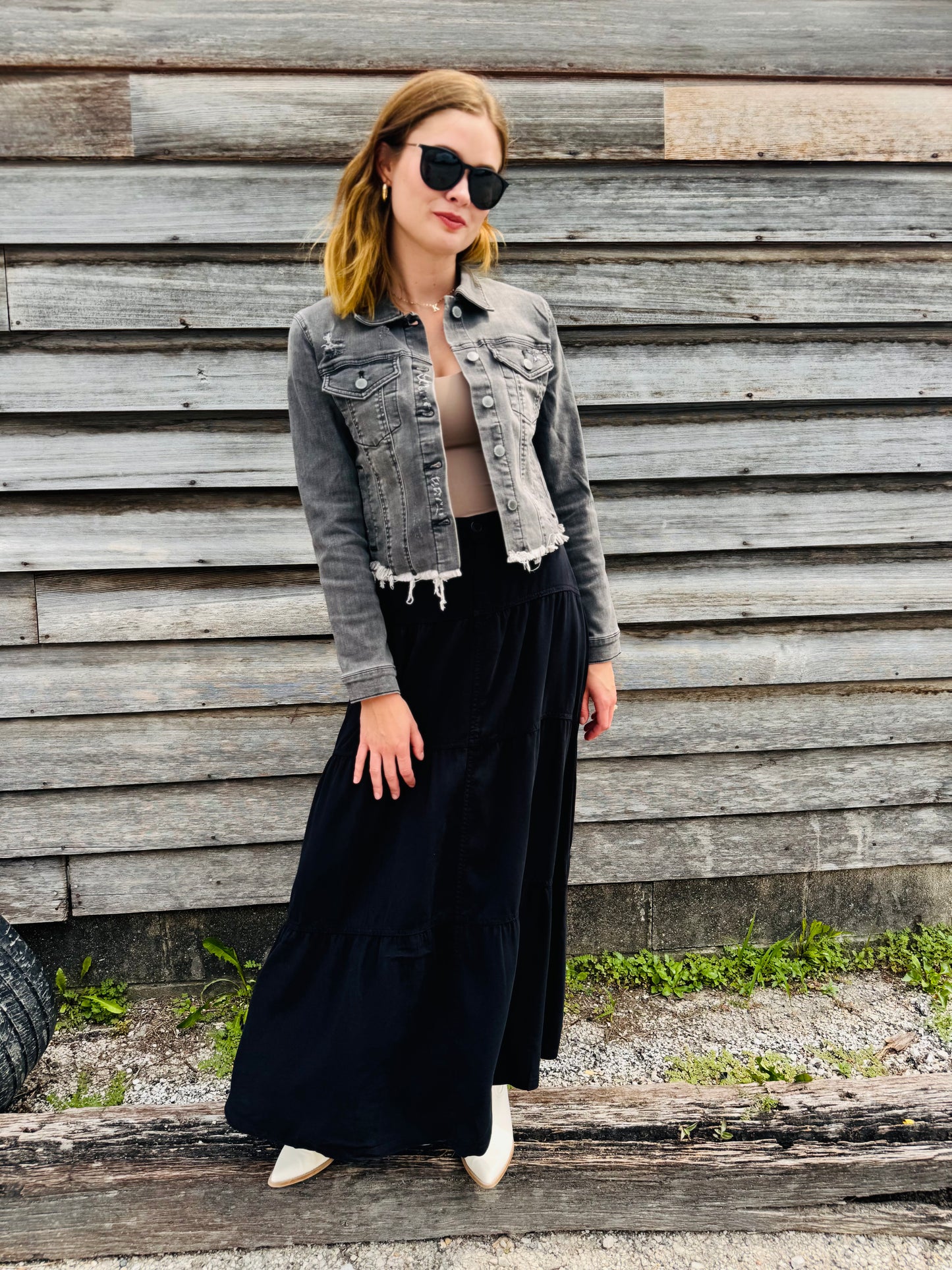 Frayed Hem Grey Washed Jacket - Risen