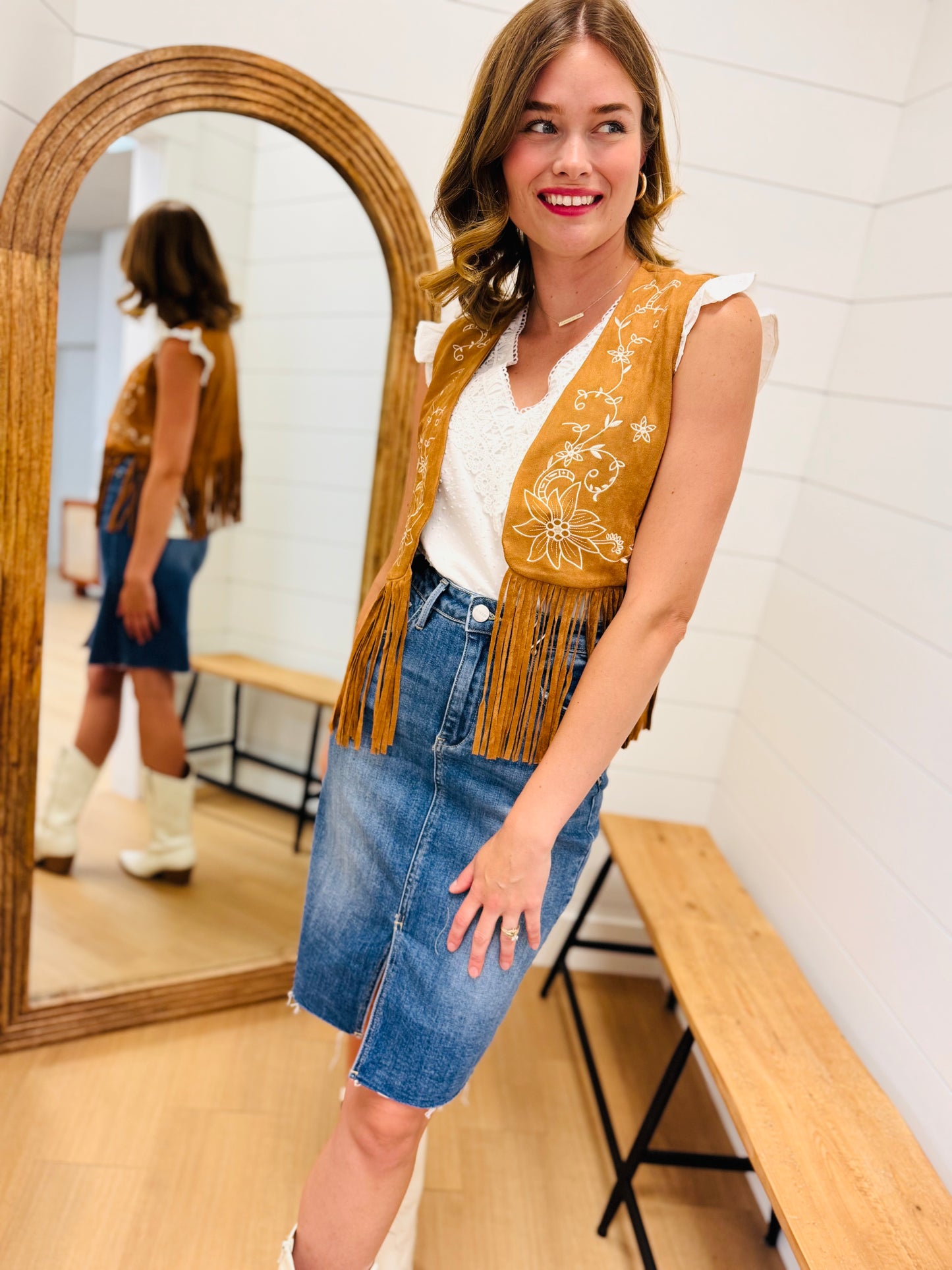 Embroidered Suede Fringe Open Vest, SM-3XL