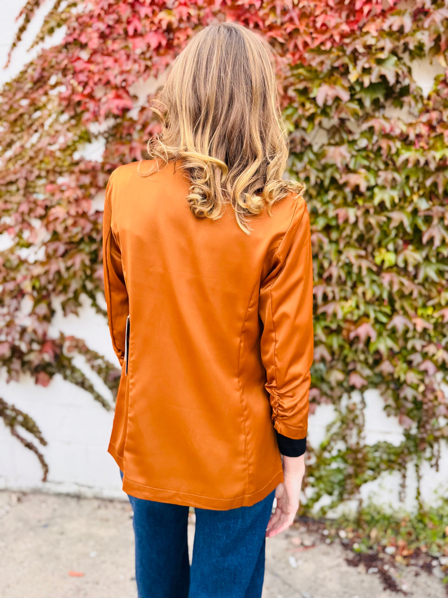 Satin Ruched Sleeve Blazer Jacket