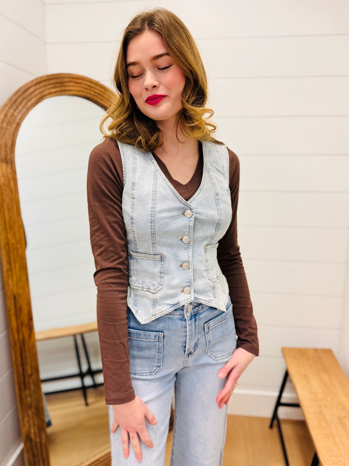V Neck Sleeveless Button Down Denim Vest
