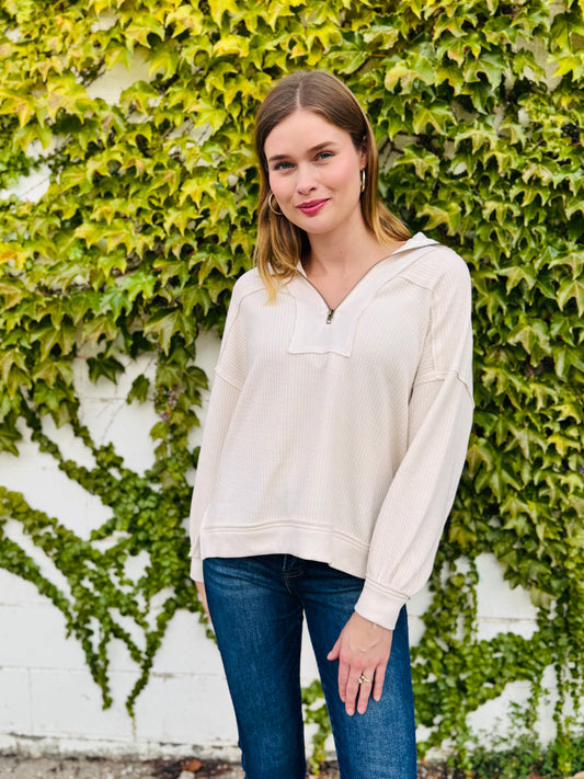 Half Zip Collared Long Sleeve Waffle Knit Top