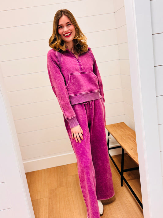 Vintage Wash Fleece Palazzo Sweatpants - Plum