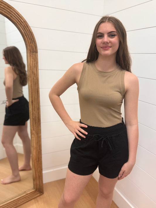 Black Elastic Waist Shorts