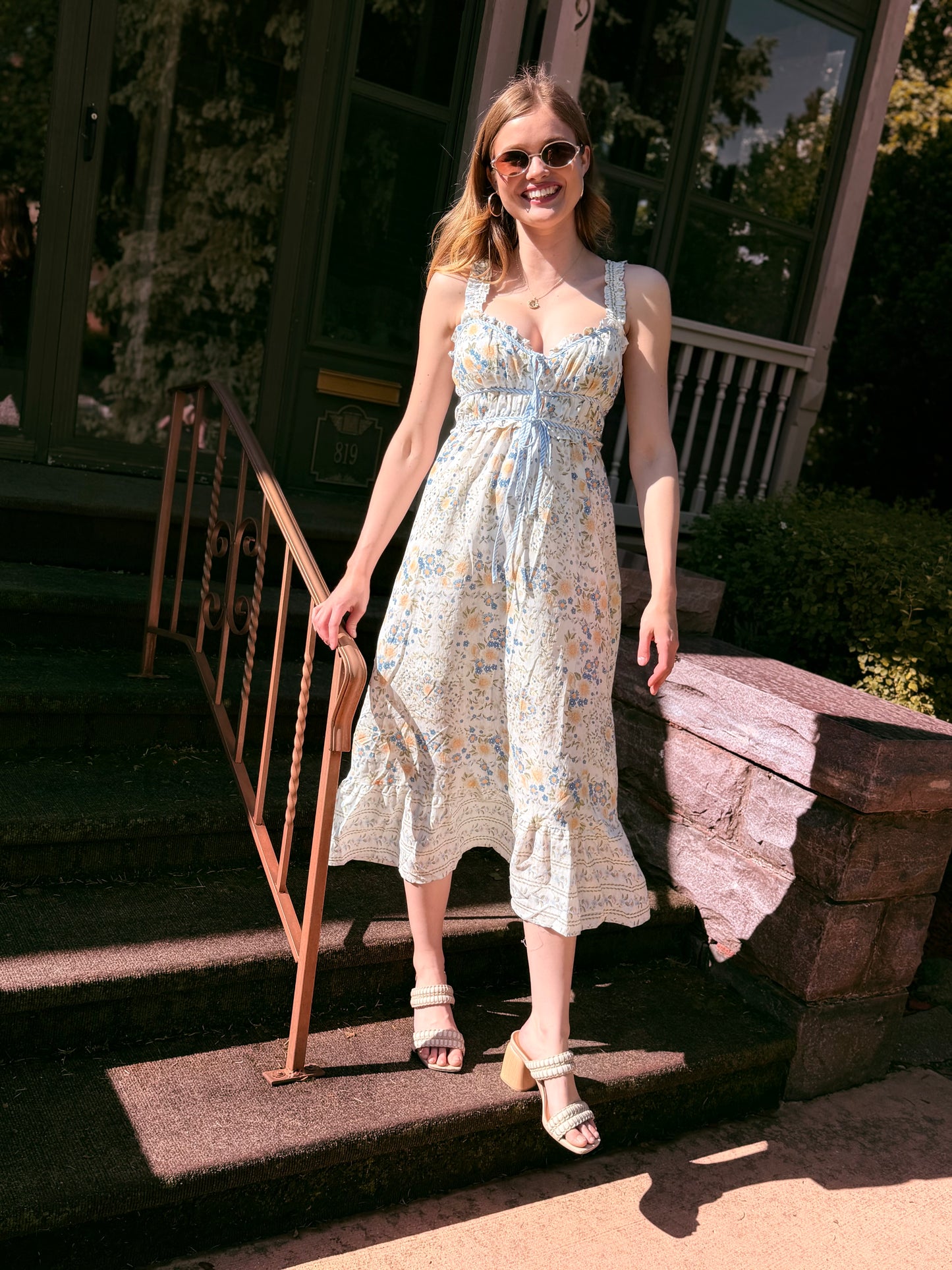Border Floral Sleeveless Front Tie Midi Dress