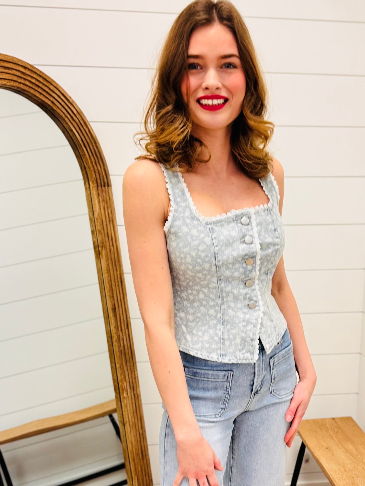 Jacquard Denim Floral Pattern Lace Trim Vest Top
