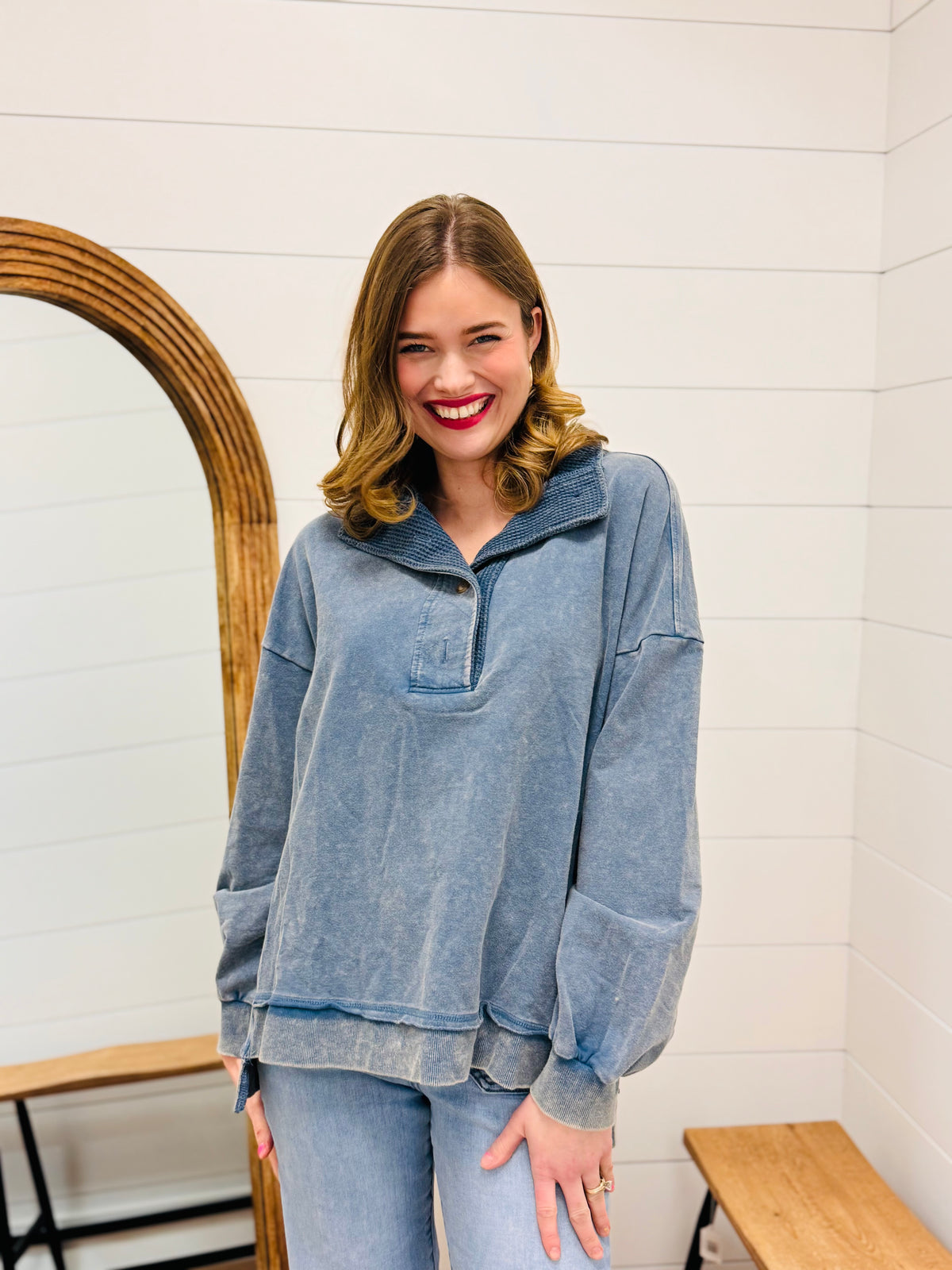 Half Button Down Contrast Pullover