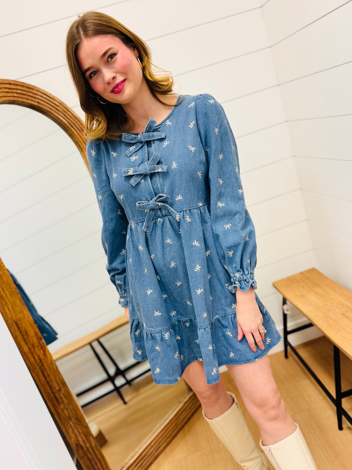 Soft Washed Denim Bow Dress