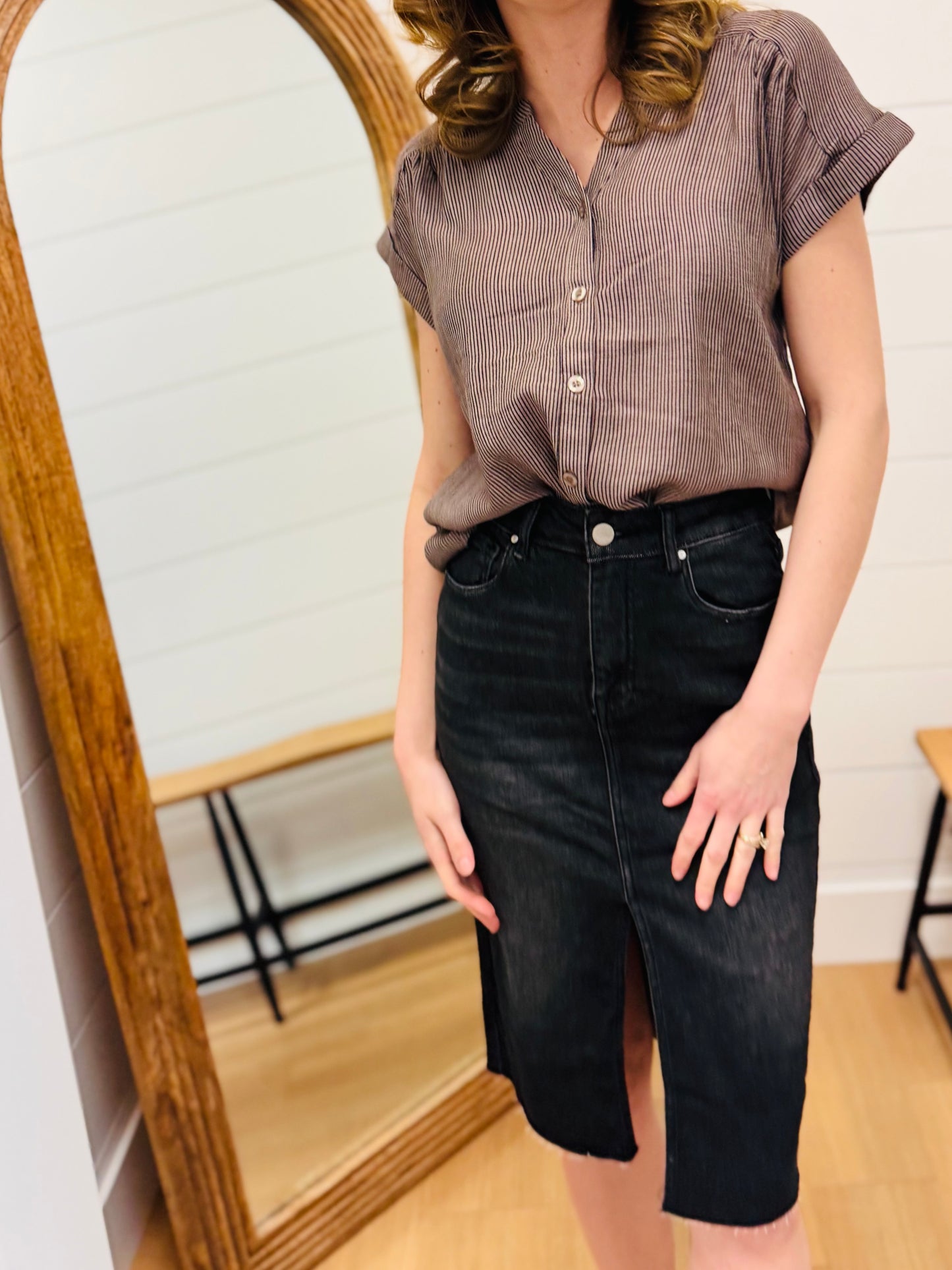 Pinstripe Short Cuff Sleeve Button Down Shirt