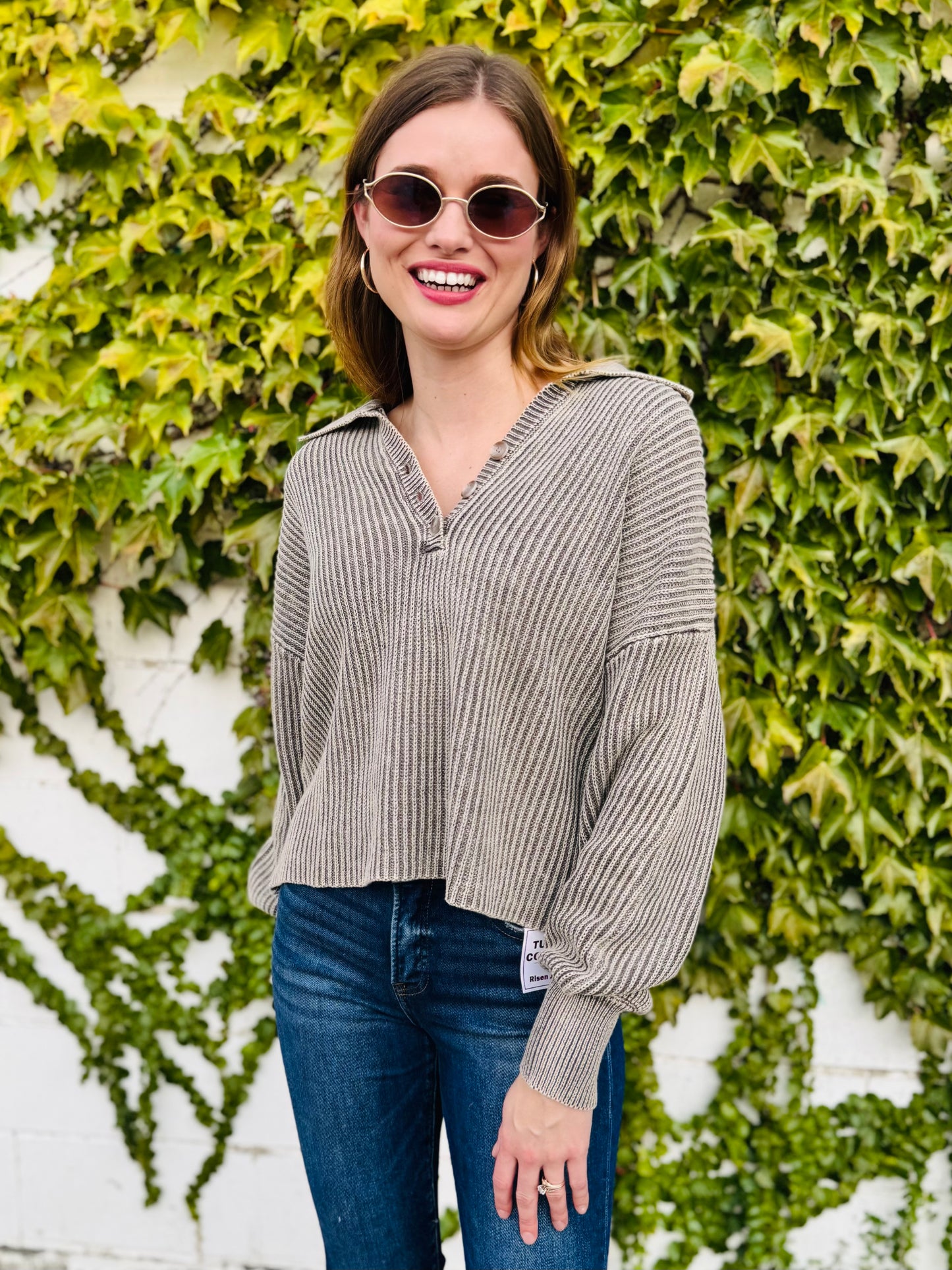 Washed Collared Henley Shirts Sweater