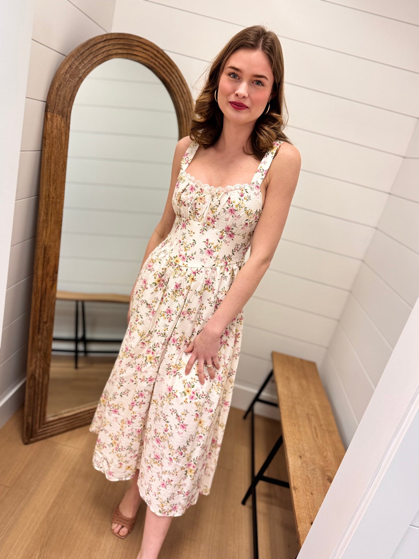 Floral Lace Trim Corset Sleeveless Midi Dress
