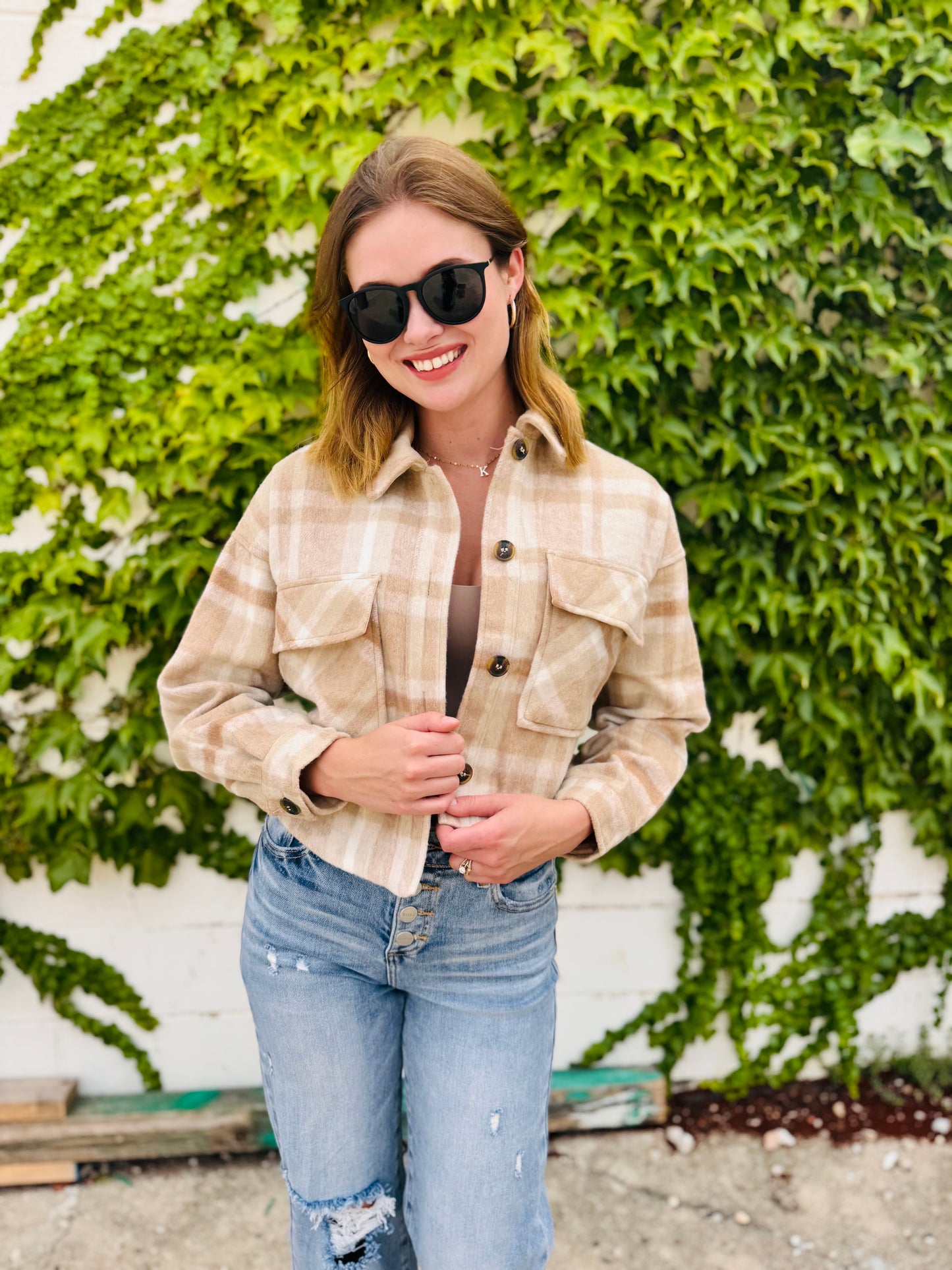 Button-down Short Plaid Shacket - Khaki