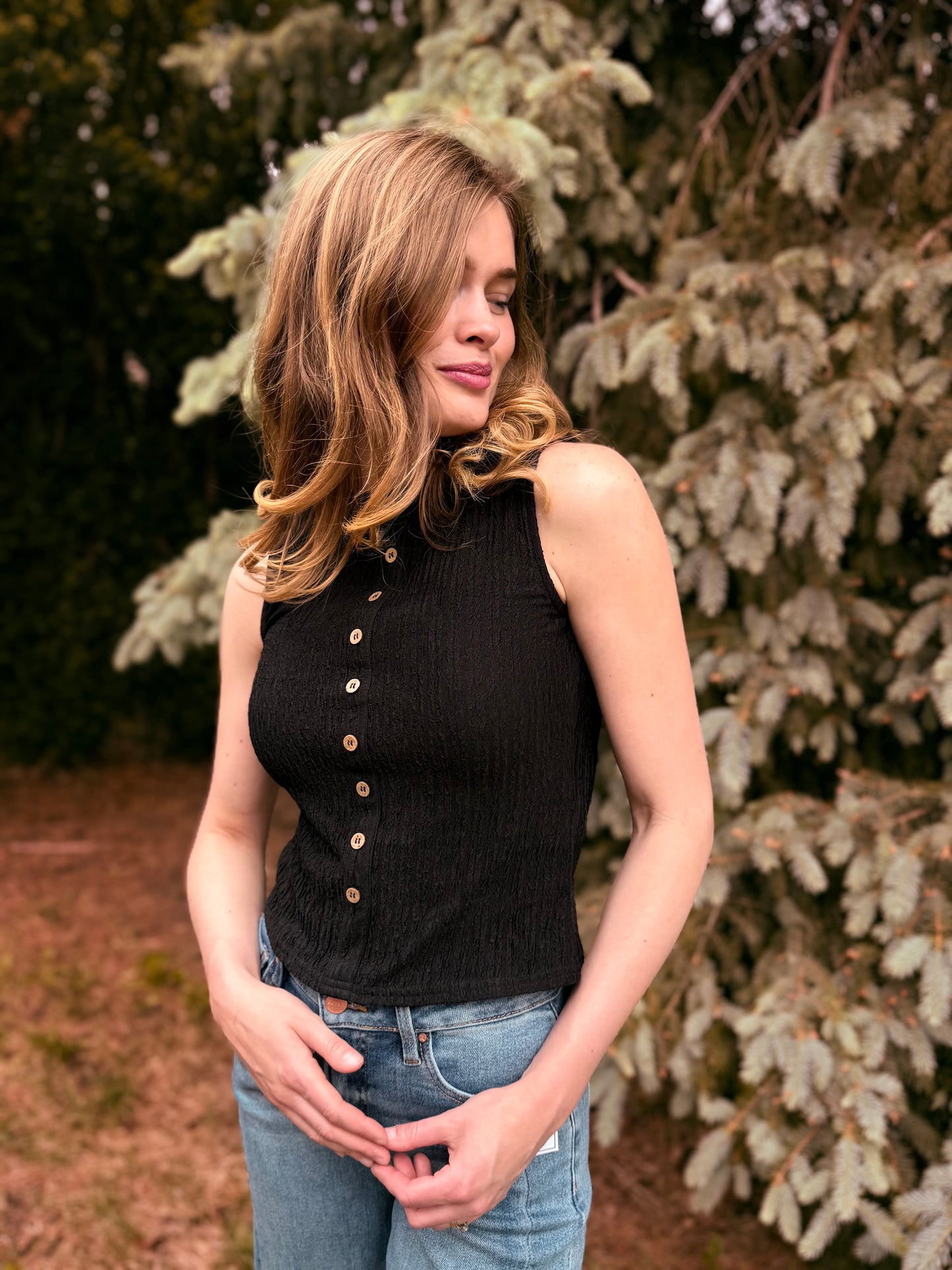 Textured Button Sleeveless Top