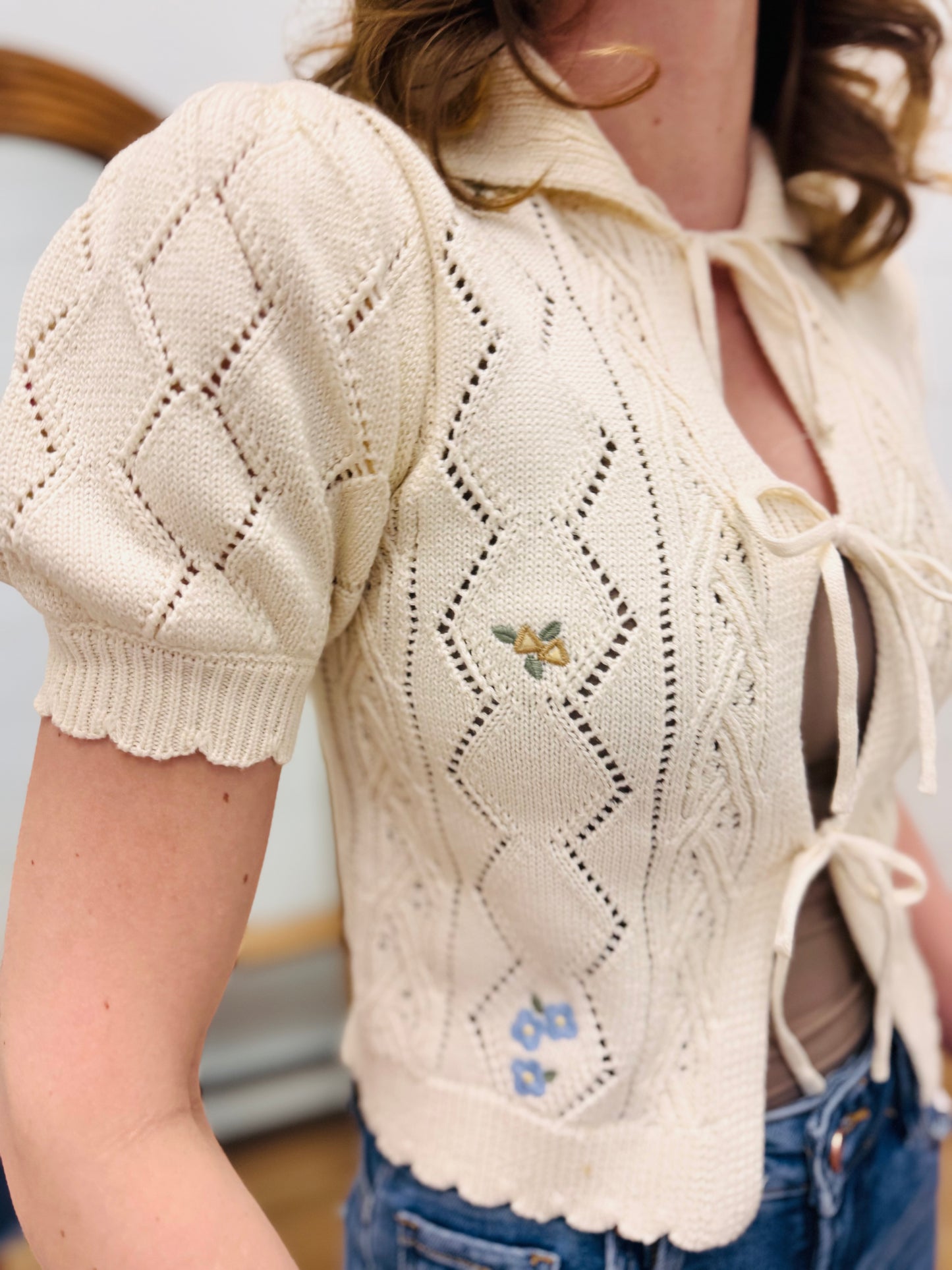 Floral Embroidery Crochet Knit Front Tie Sweater