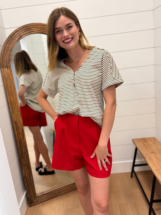 Ivory & Black V Neck Top with Button detail