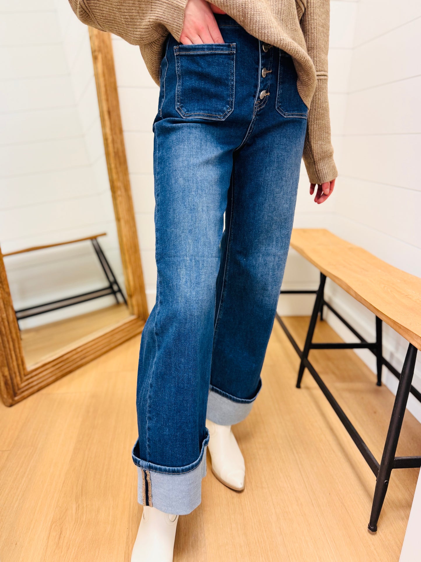 High Rise Ankle Wide Button Down Cuffed Jeans