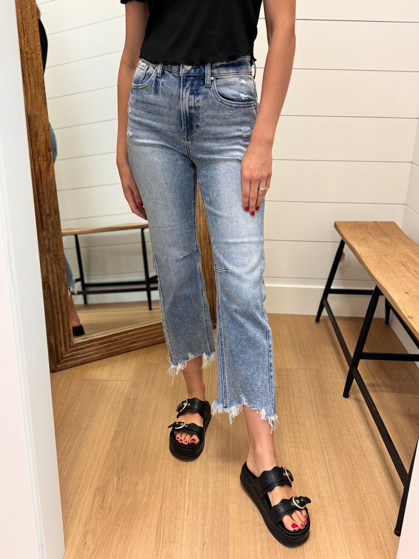 High Rise Straight Distressed Hem Jeans - Risen