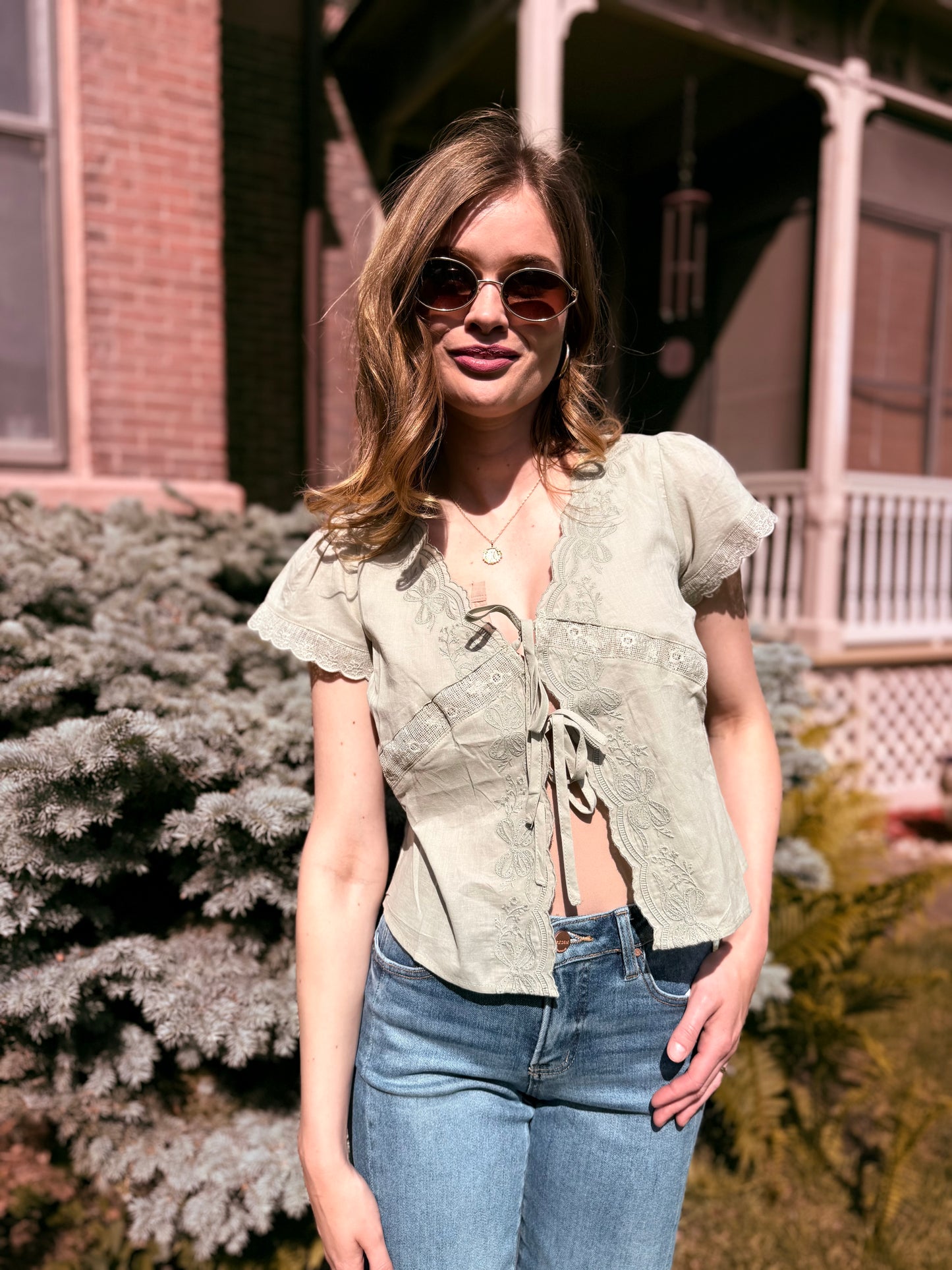 Scalloped Embroidered Front Tie Lace Trim Top