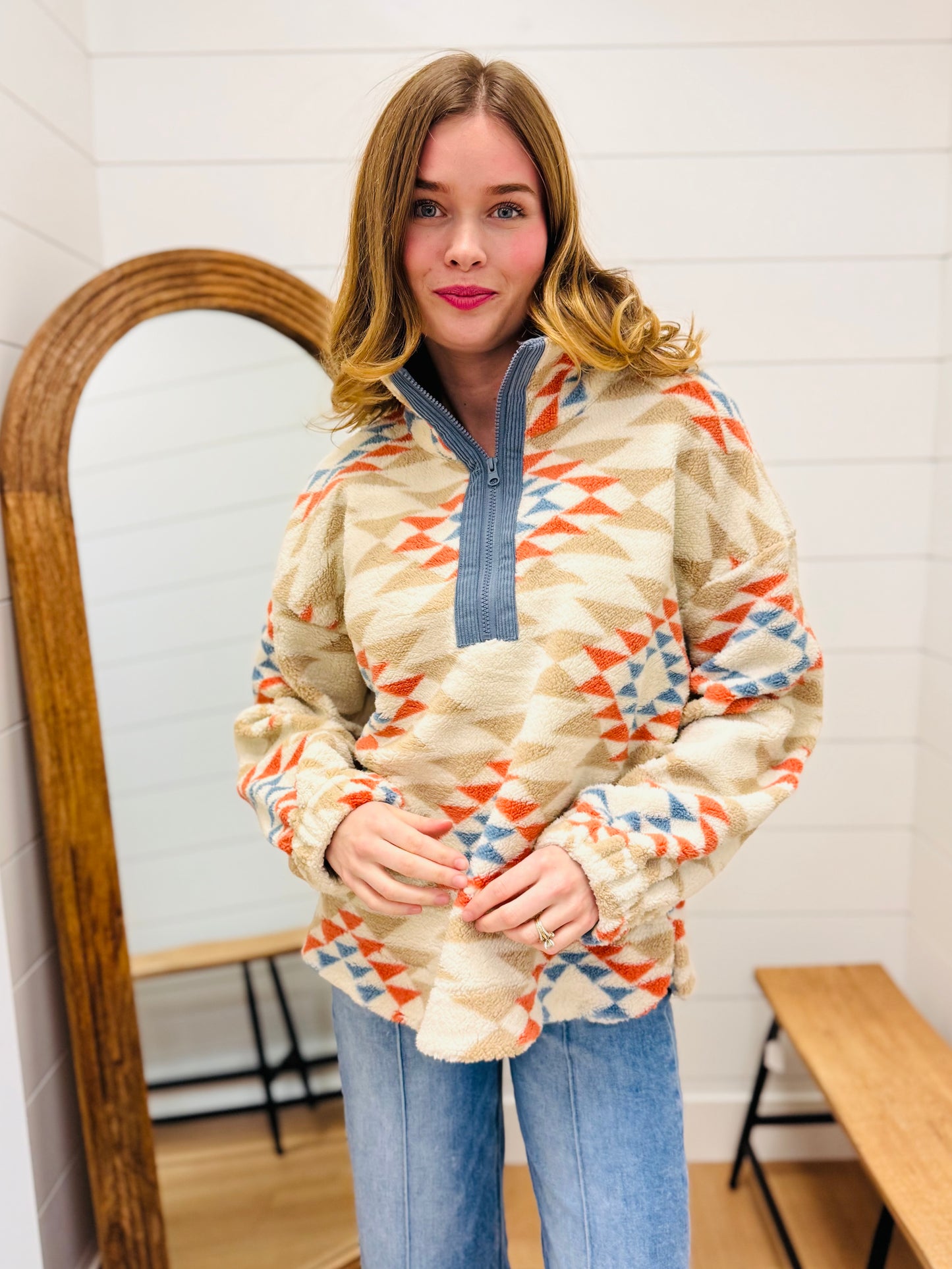 Half Zip Up Aztec Fleece Pullover Top