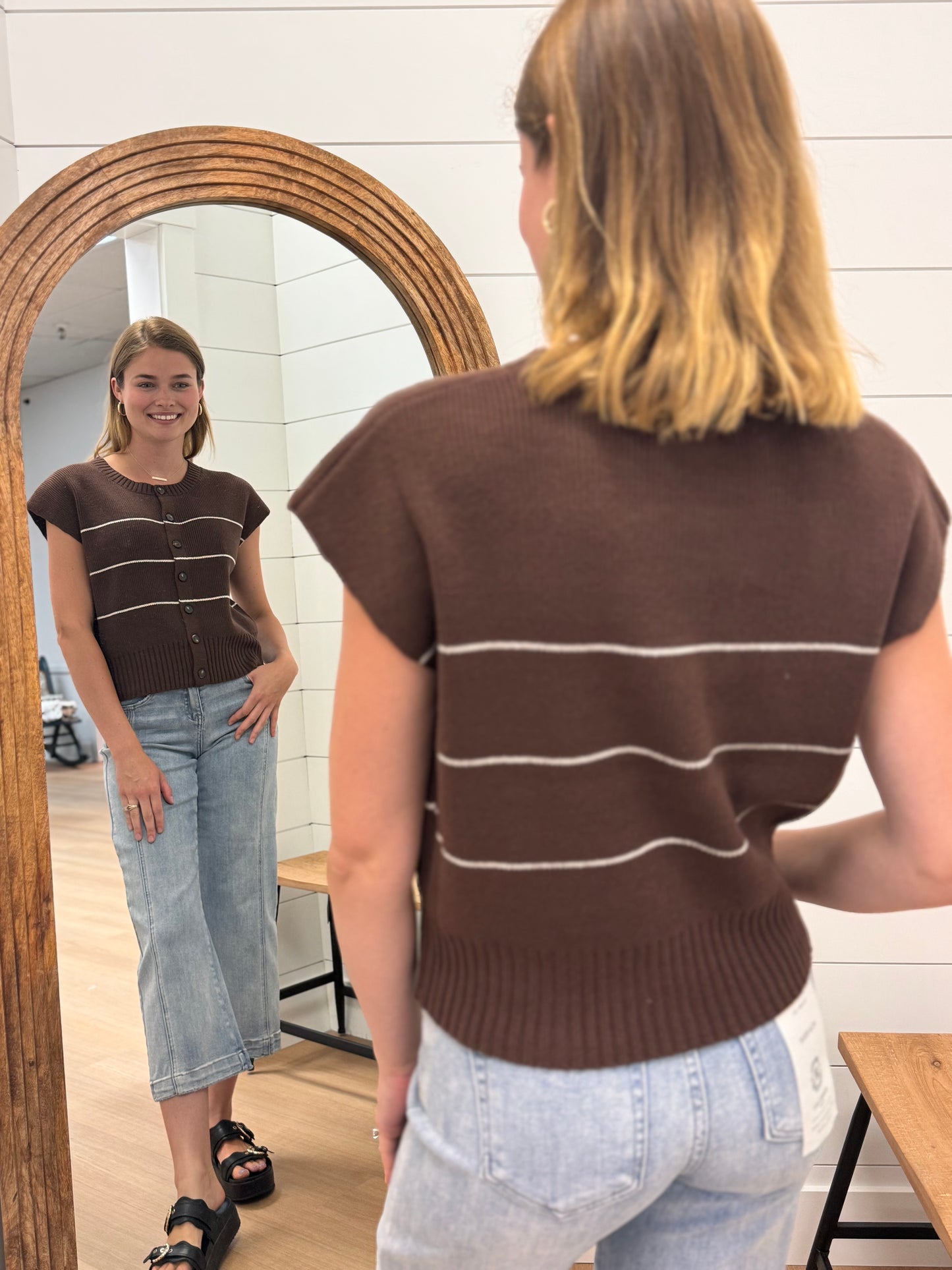 Button Down Horizontal Stripe Sweater Top