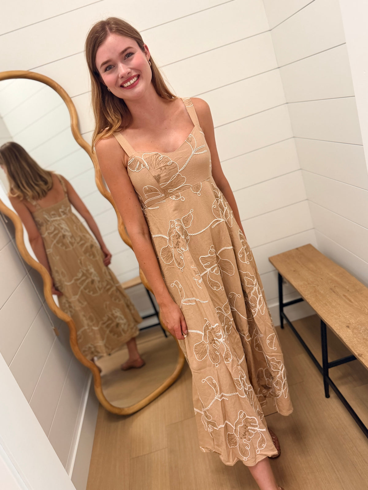 Floral Embroidered Spaghetti Strap Midi Dress