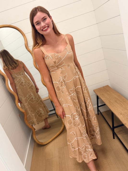 Floral Embroidered Spaghetti Strap Midi Dress