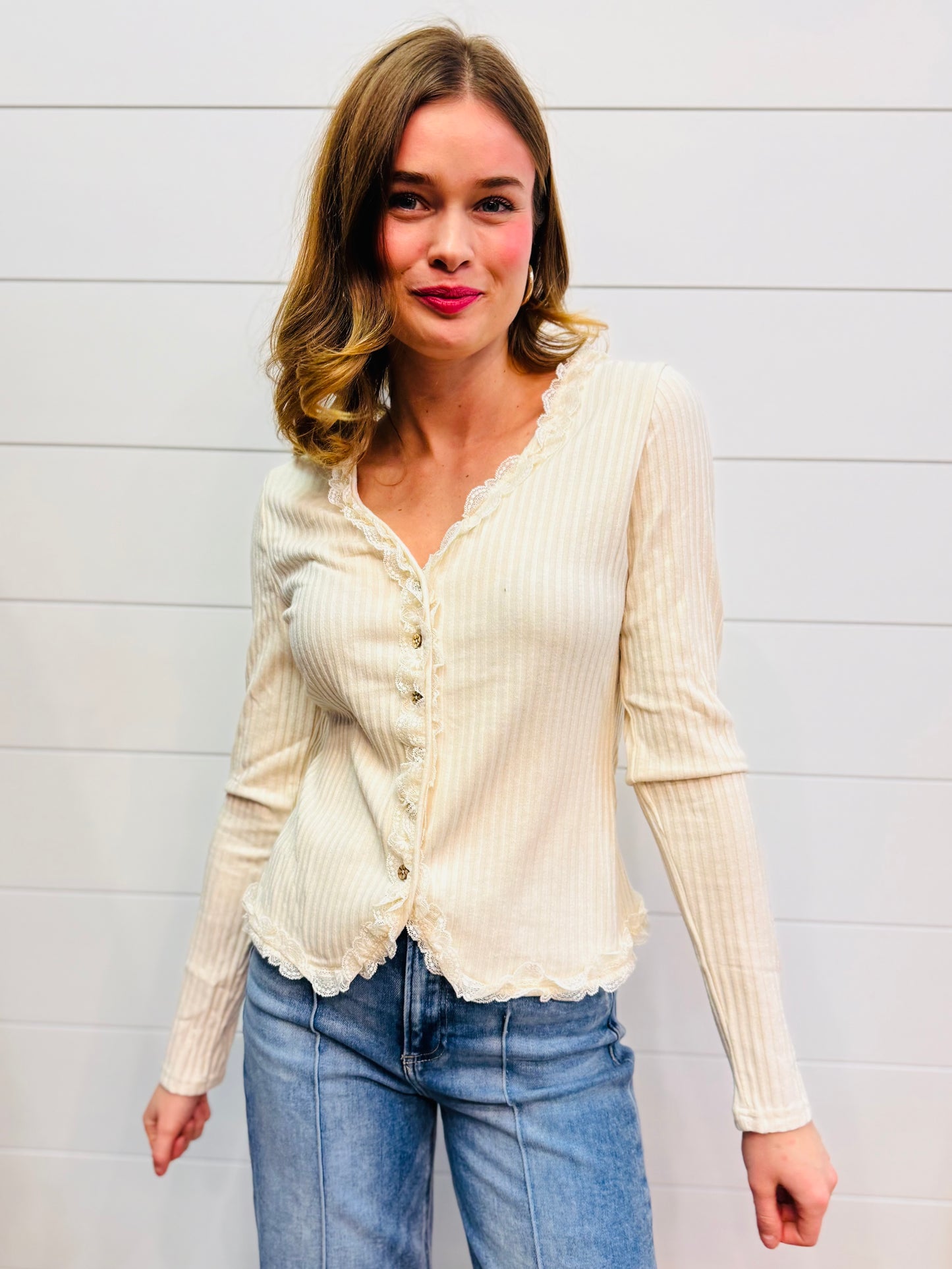 Button Down Lace Trim Fitted Knit Top